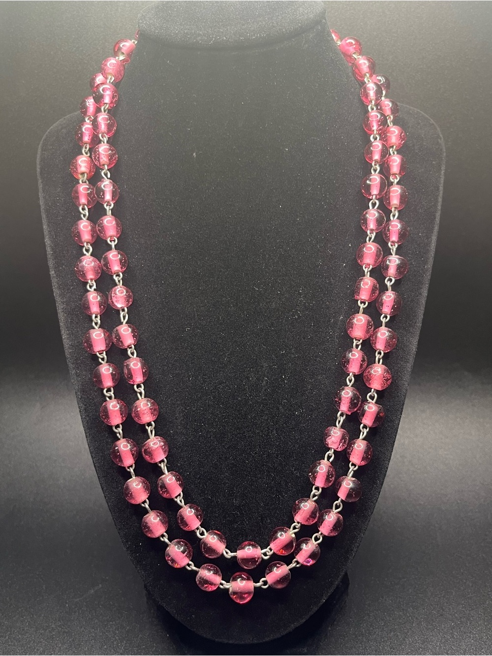 Vintage Pink Glass Bead Long Necklace 22” Double Strand